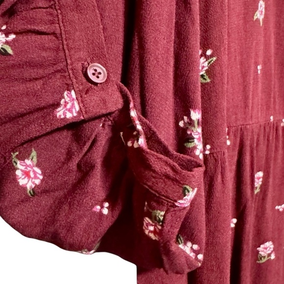 OLD NAVY Burgundy Ditsy Floral Button Front Ruffled Shoulder Midi Length Dress - Picture 4 of 9